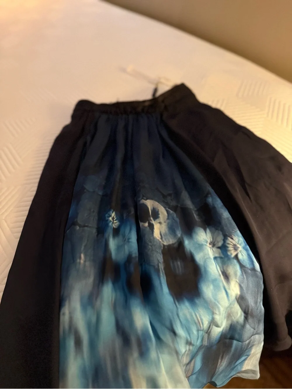 Elie Tahari Dark Navy Skirt with Blue and White Floral Watercolor Front Panel